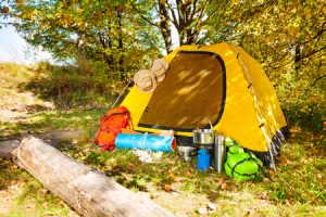 beautiful campsite with tent, backpacks and other equipment during beautiful sunny day in the forest